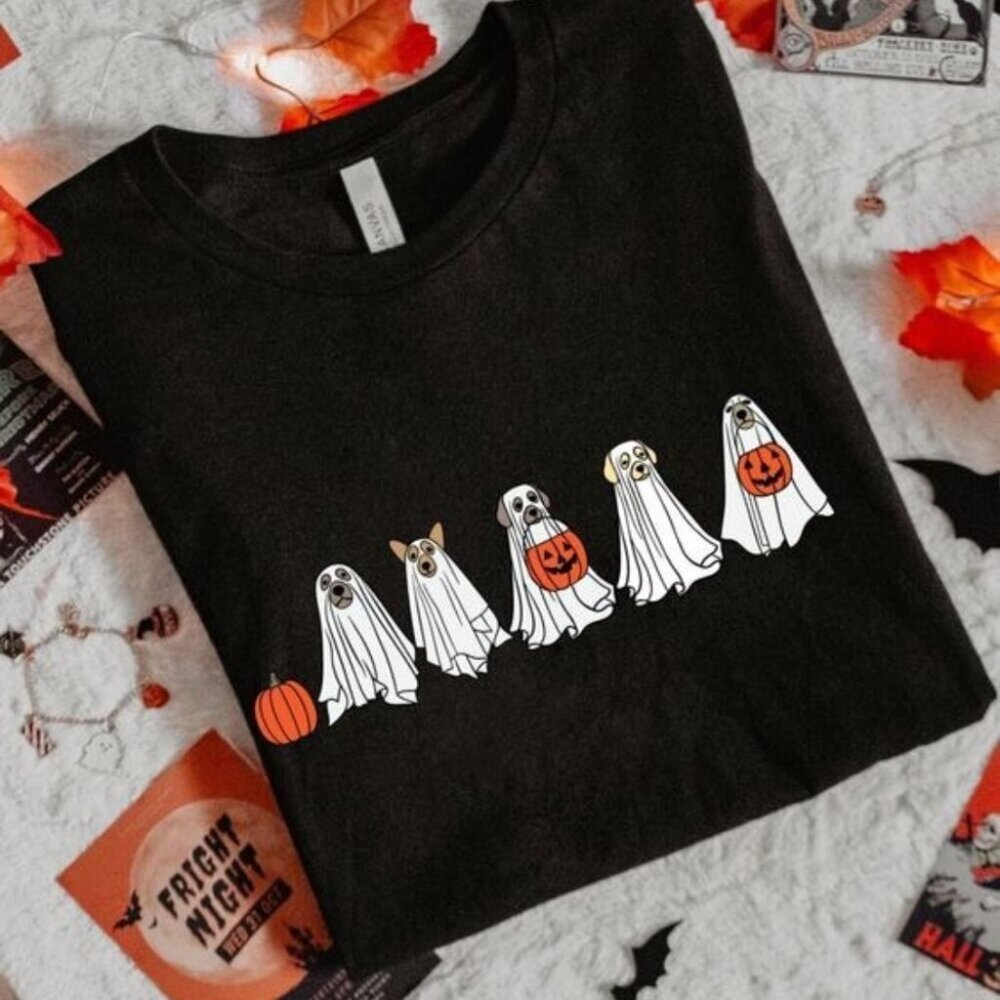 Cute Dog Halloween Tshirt Ghost Dog Shirt Women Fall Shirts Spooky Season